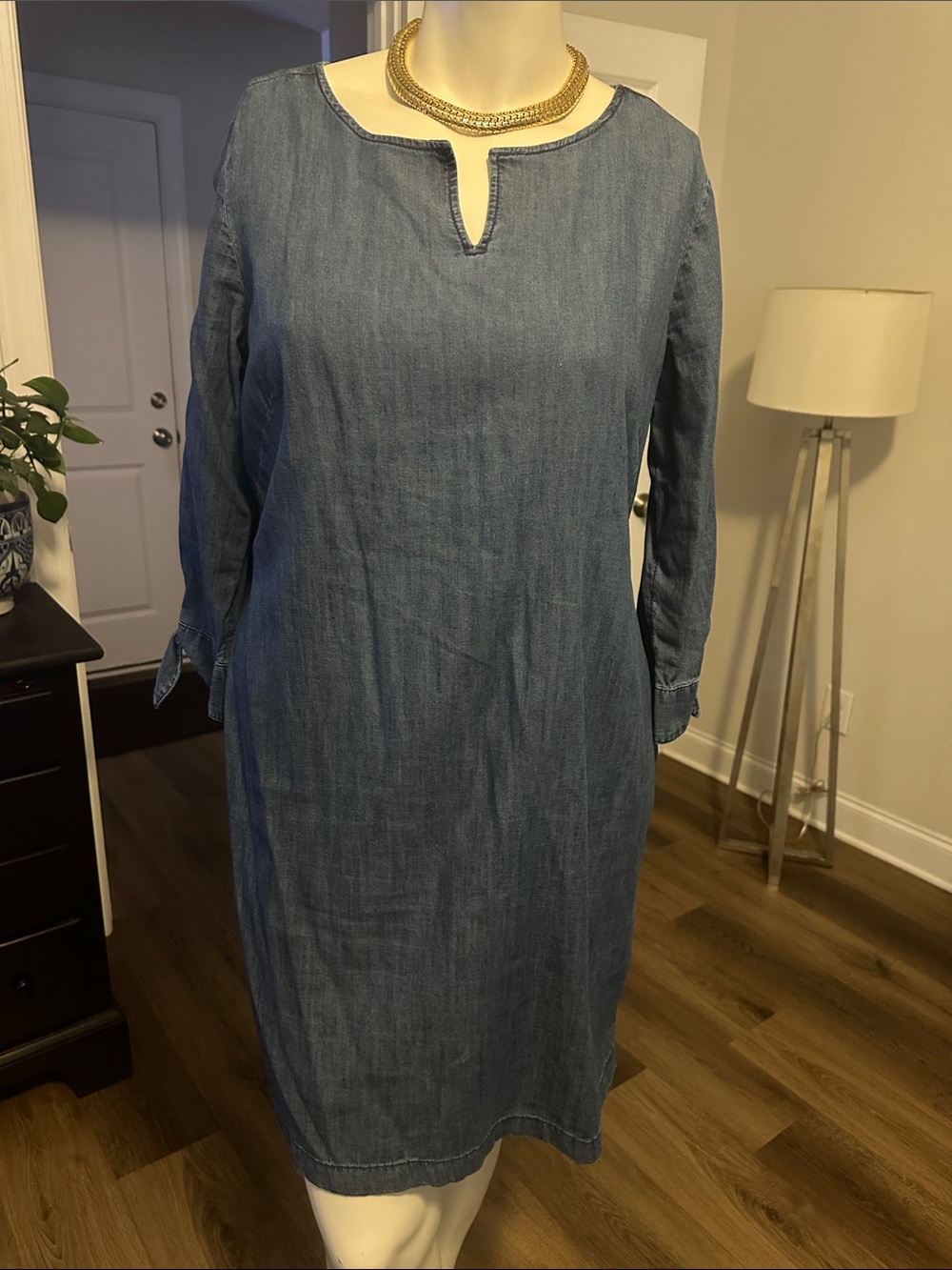 Talbots Denim-Style Blue Notch Neck Long Sleeve Shift Dress